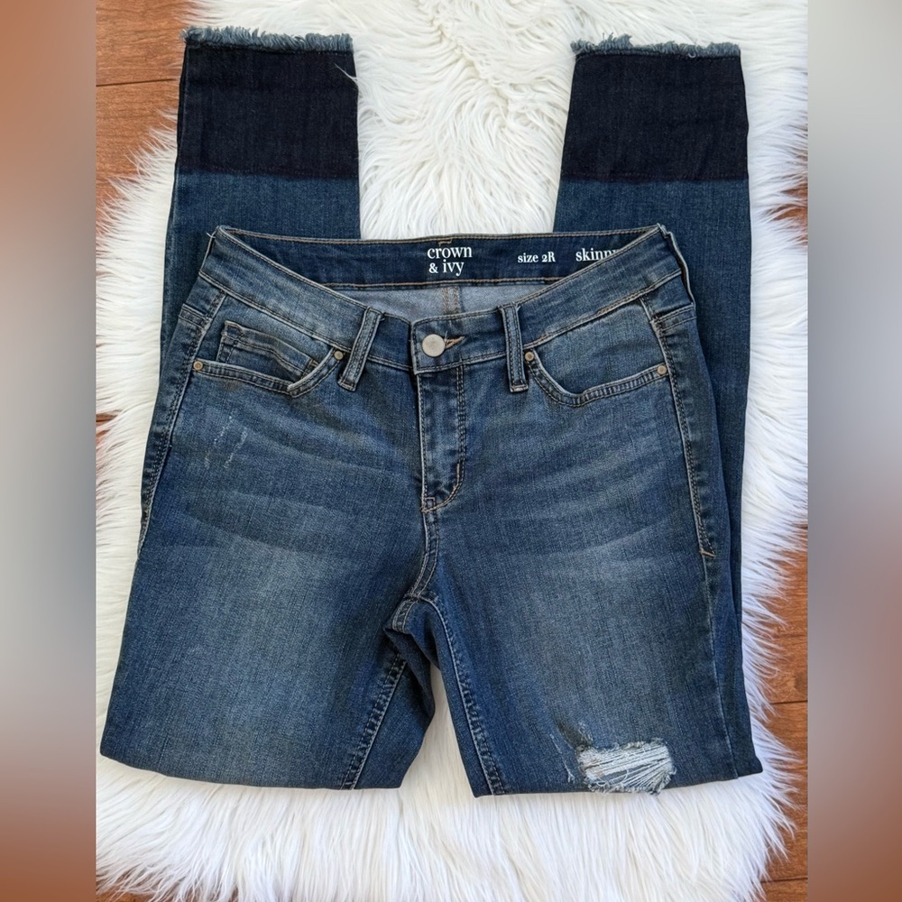 Crown & Ivy Skinny Jeans | Dark Wash Distressed Raw Hem-Size 2R
